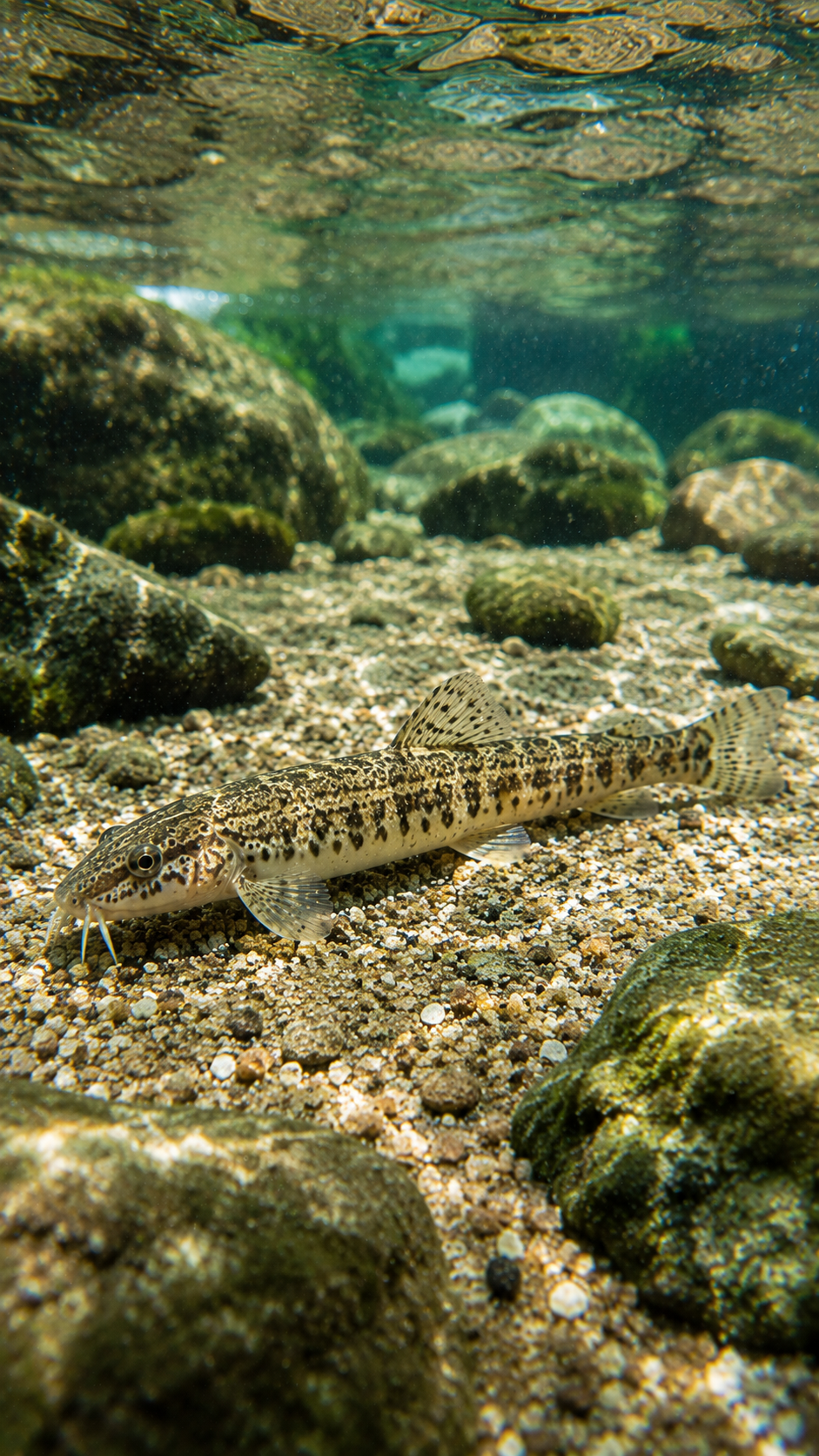 細長い体を持つヒナイシドジョウが沖縄の清流の砂底を泳ぐ様子。