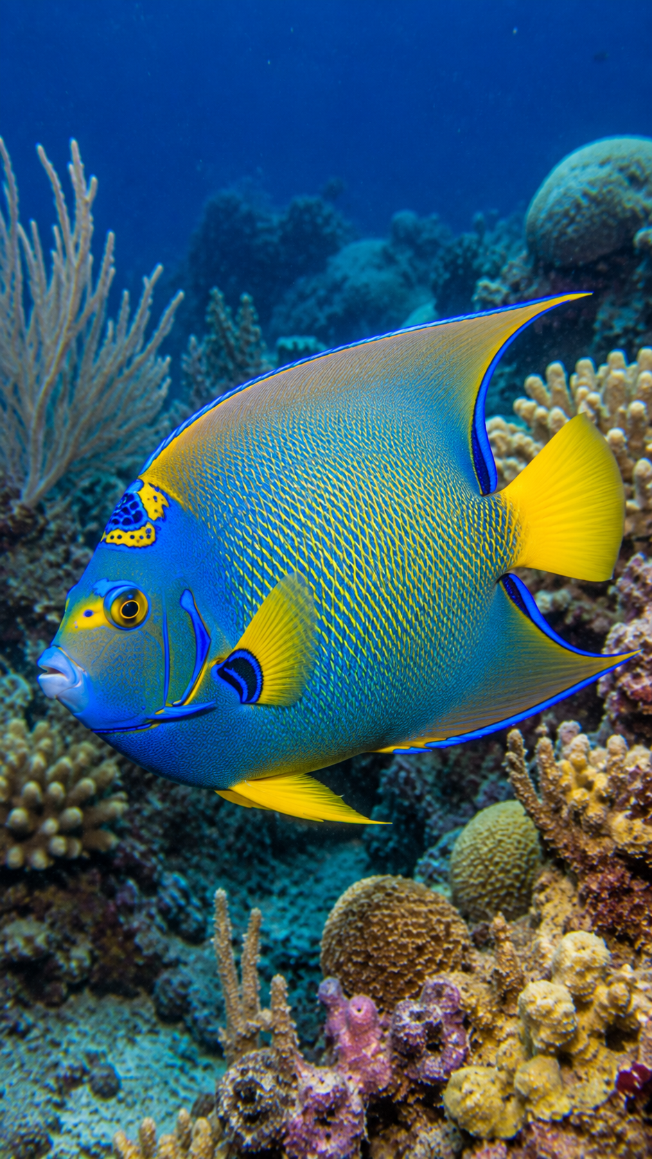 カリブ海のサンゴ礁を優雅に泳ぐ王冠模様と鮮やかな青と黄色が美しいクイーンエンゼルフィッシュ