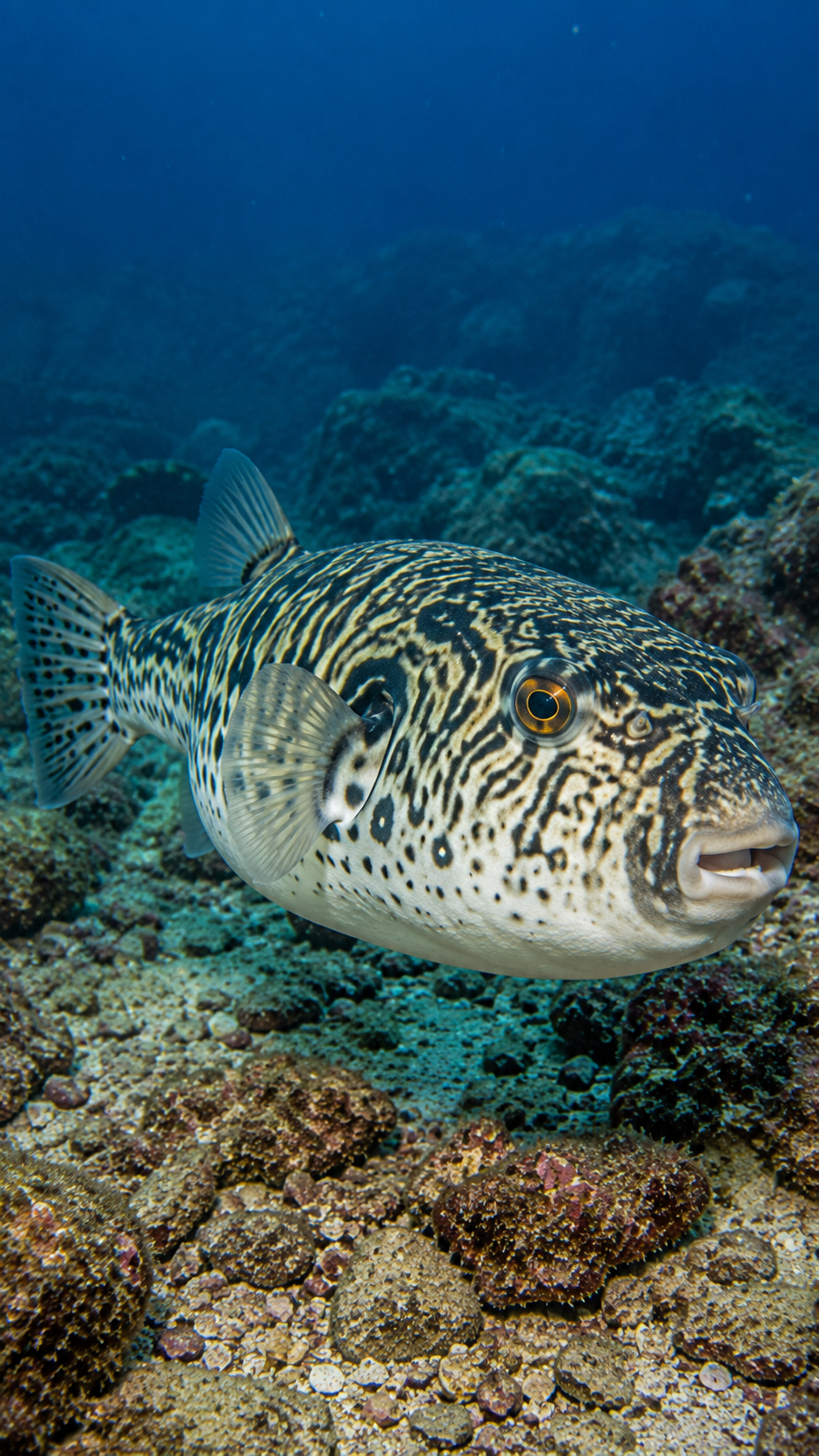 海底近くを泳ぐ虎模様が美しい大型のトラフグ