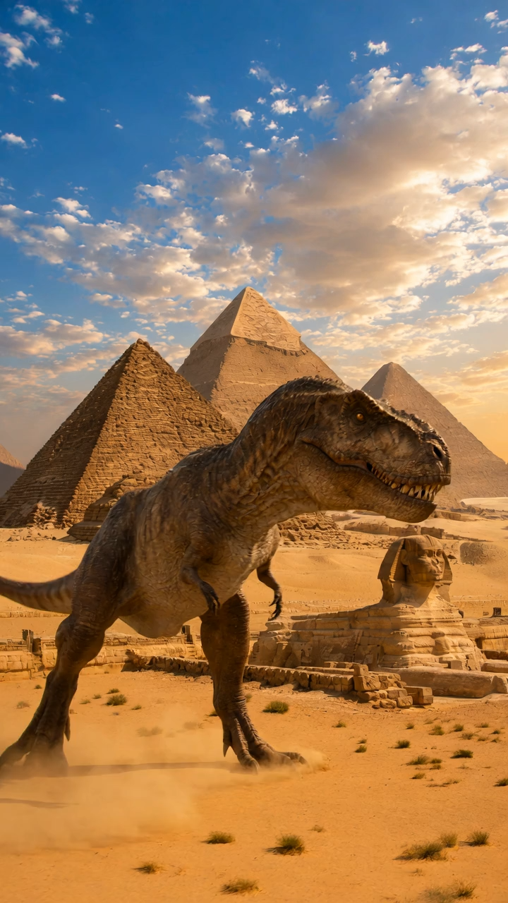 古代エジプトの巨大ピラミッドに体当たりし、大量の砂煙を巻き上げるティラノサウルスの架空イメージ