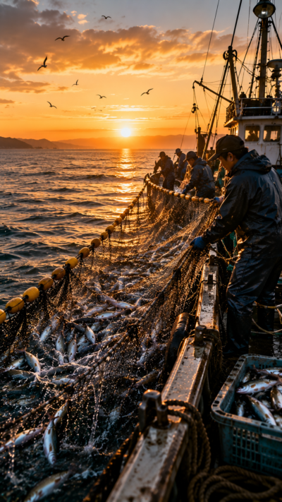 朝焼けの海で流し刺し網を引き揚げ銀色に輝く魚を水揚げする流し刺し網漁の風景