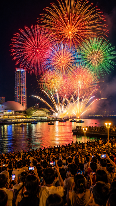 瀬戸内海を望む高松港の夜空に色鮮やかな大輪の花火が打ち上がり大勢の観客が楽しむさぬき高松まつりの風景