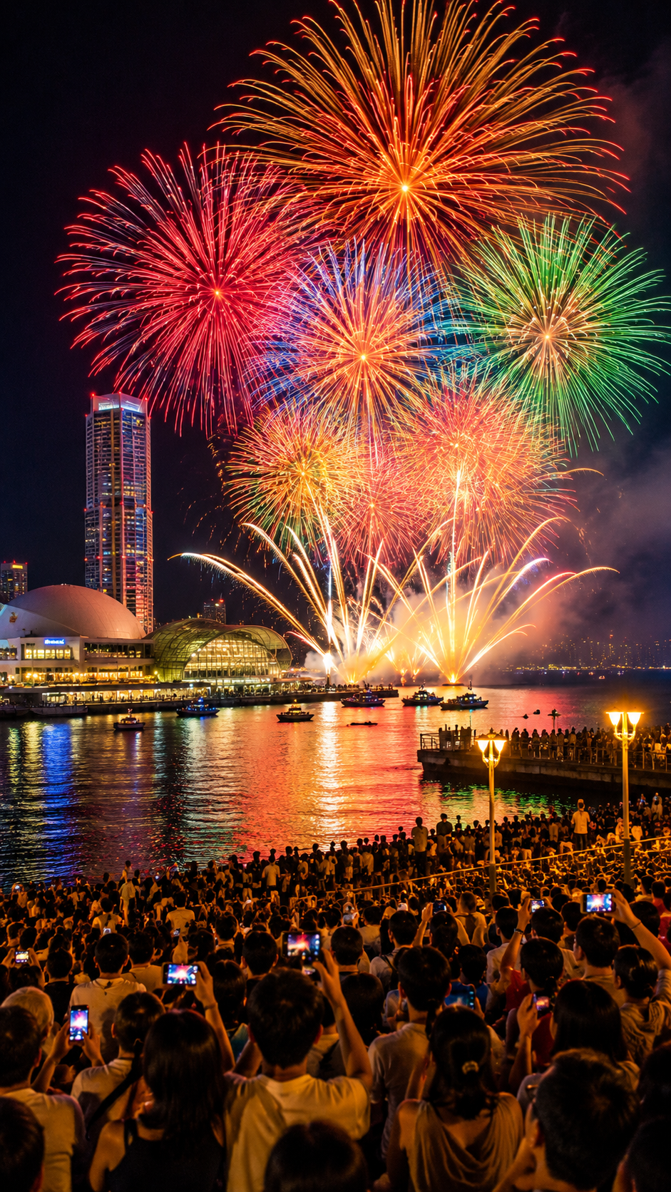 瀬戸内海を望む高松港の夜空に色鮮やかな大輪の花火が打ち上がり大勢の観客が楽しむさぬき高松まつりの風景