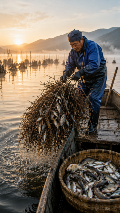 静かな湖で柴束を引き上げ集まった魚を水揚げする柴漬け漁の風景