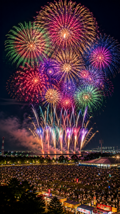 刈谷の夏の夜空に音楽とシンクロした色鮮やかなMusicスターマインと大輪の花火が次々と広がる刈谷わんさか祭り花火大会の風景