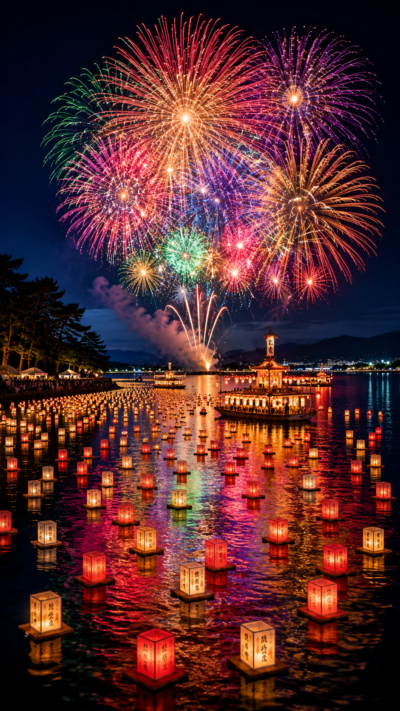 宮津湾の夜の海を精霊船と無数の紅白の燈籠が幻想的に漂い、その上空に色鮮やかな大輪の花火が広がる宮津燈籠流し花火大会の風景