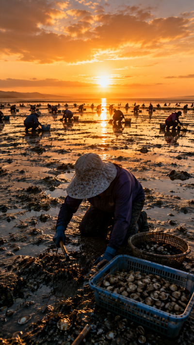 朝日に照らされた広大な干潟で貝や魚介類を採取する干潟漁の風景