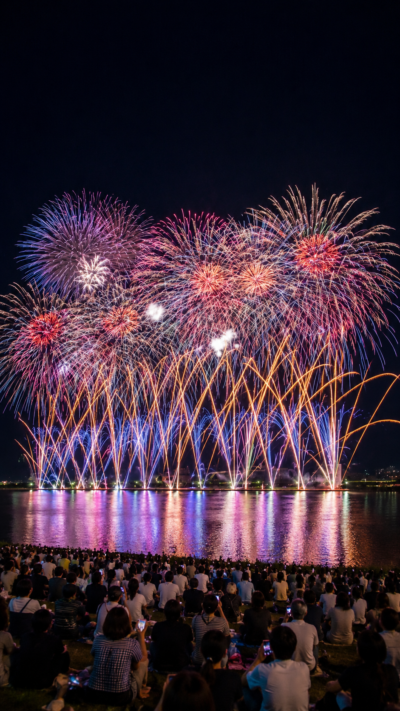 信濃川の水面に映る色鮮やかな大輪の花火が新潟の夜空を彩る新潟まつり花火大会の風景