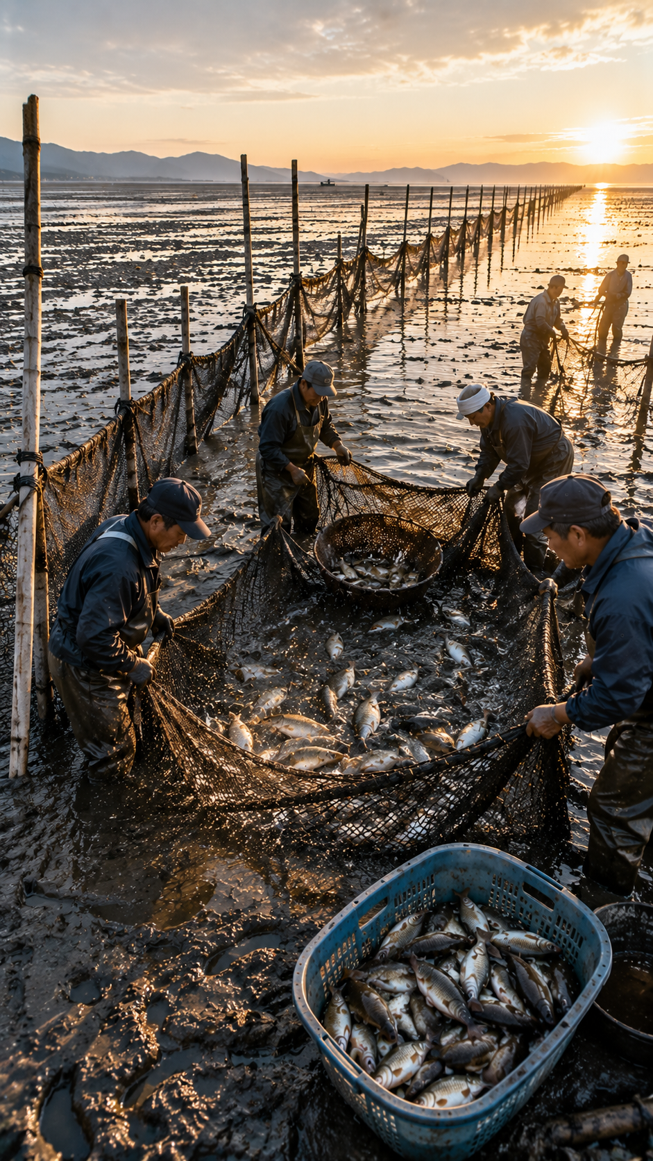 干潟に設置した建干網で魚を水揚げする建干網漁の風景