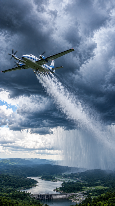 航空機が雲に働きかけ人工雨を生み出す未来型気象技術のイメージ