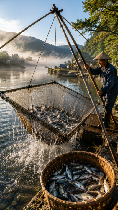 川辺で四つ手網を持ち上げ魚を水揚げする四つ手網漁の風景