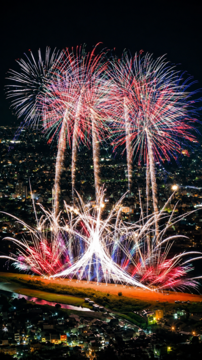 長良川河畔から打ち上がる色鮮やかな大花火が夜空と岐阜の街並みを照らすぎふ長良川花火大会