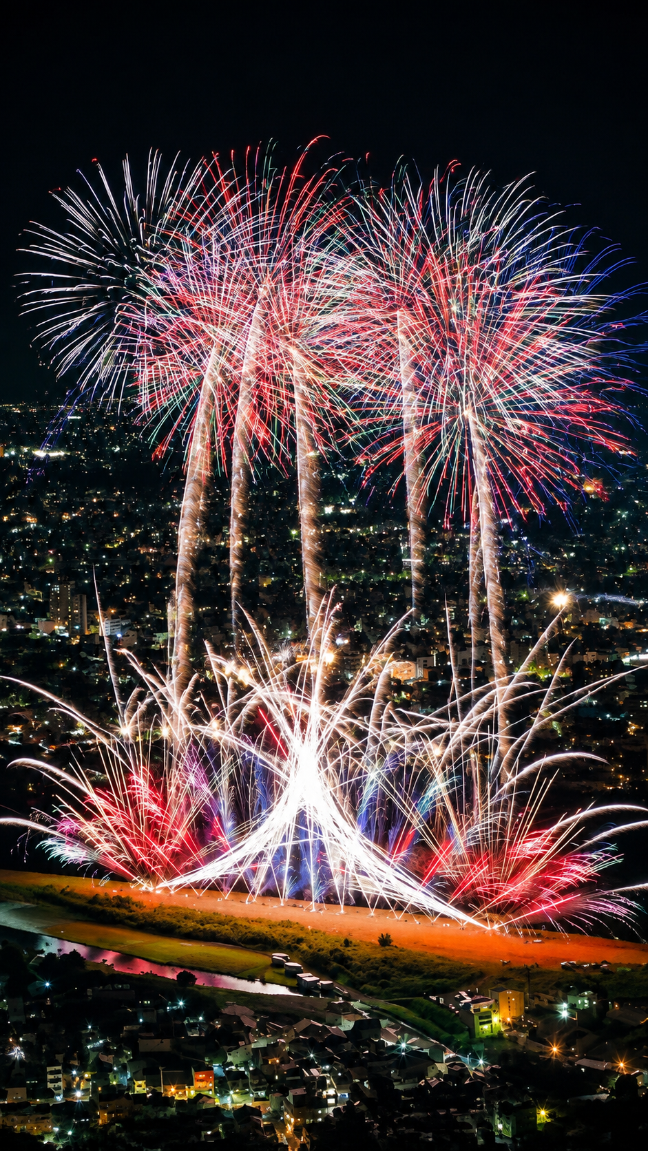 長良川河畔から打ち上がる色鮮やかな大花火が夜空と岐阜の街並みを照らすぎふ長良川花火大会