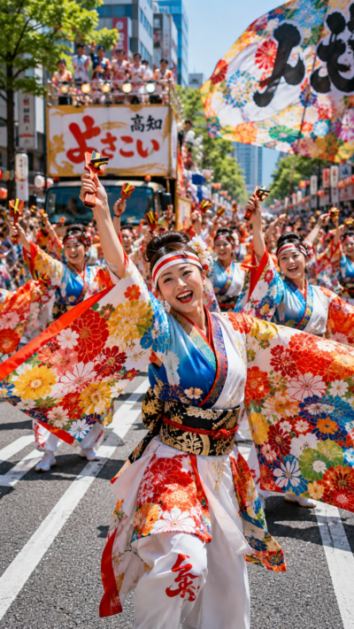 色鮮やかな衣装をまとった踊り子たちが鳴子を鳴らしながら高知の街を舞う高知よさこい祭りの風景