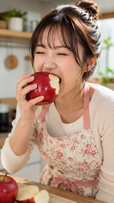 真っ赤なりんごを手に持って豪快に丸かじりしシャキシャキと瑞々しい果肉を噛む様子