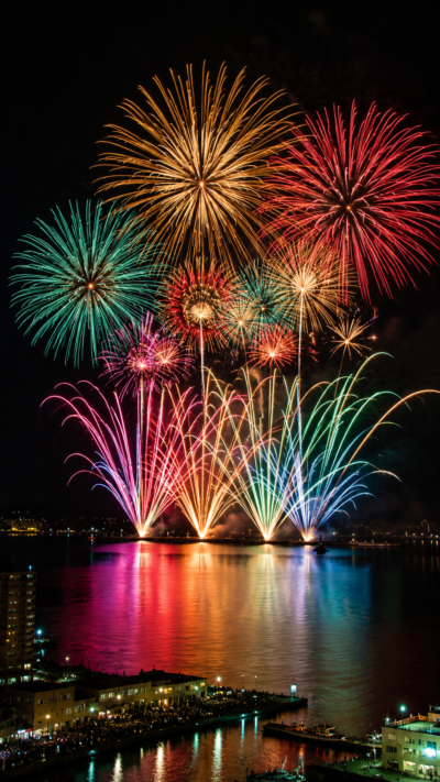 瀬戸内海の海上から打ち上がる色鮮やかな花火が夜空と海面を彩る今治市民のまつり「おんまく」花火の風景