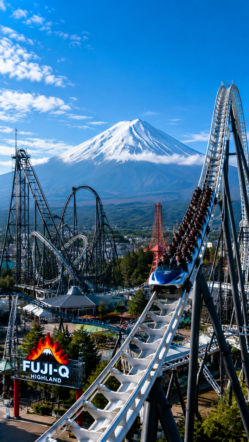 富士山を背景に絶叫コースターが駆け抜ける富士急ハイランドの風景