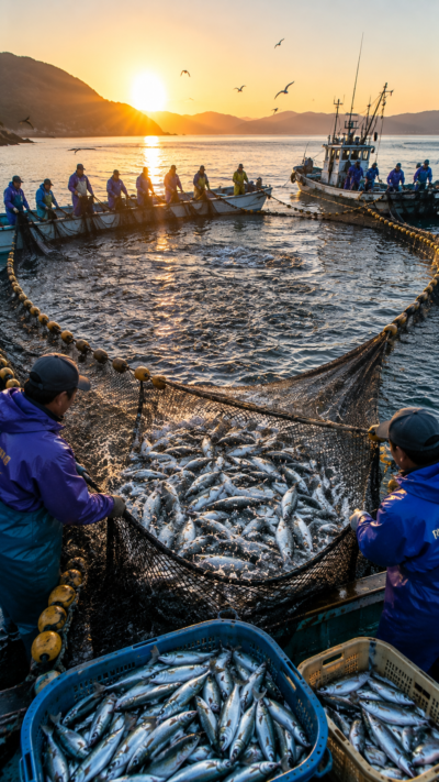 朝の海で魚群を網へ追い込み大量の魚を水揚げする追い込み漁の風景