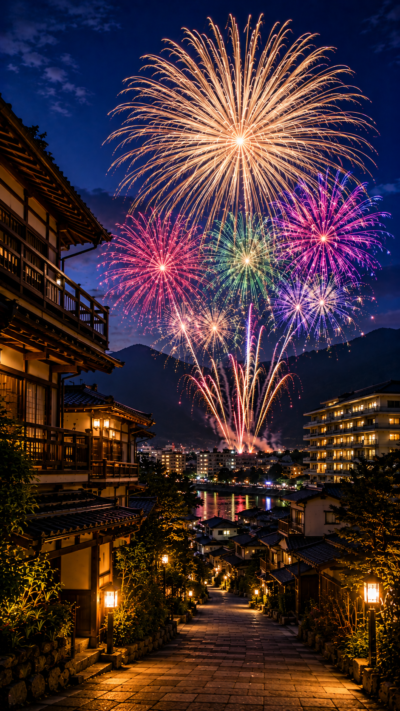 山梨県笛吹市の石和温泉で、旅館の灯りと山々のシルエットの向こうに白銀や淡い水色、黄金色の大きな花火が広がる夏の夜の石和温泉花火大会