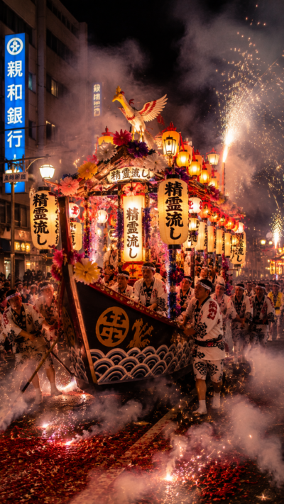 長崎の夜の街を提灯で華やかに飾られた精霊船が爆竹の煙と光に包まれながら進む長崎精霊流しの風景