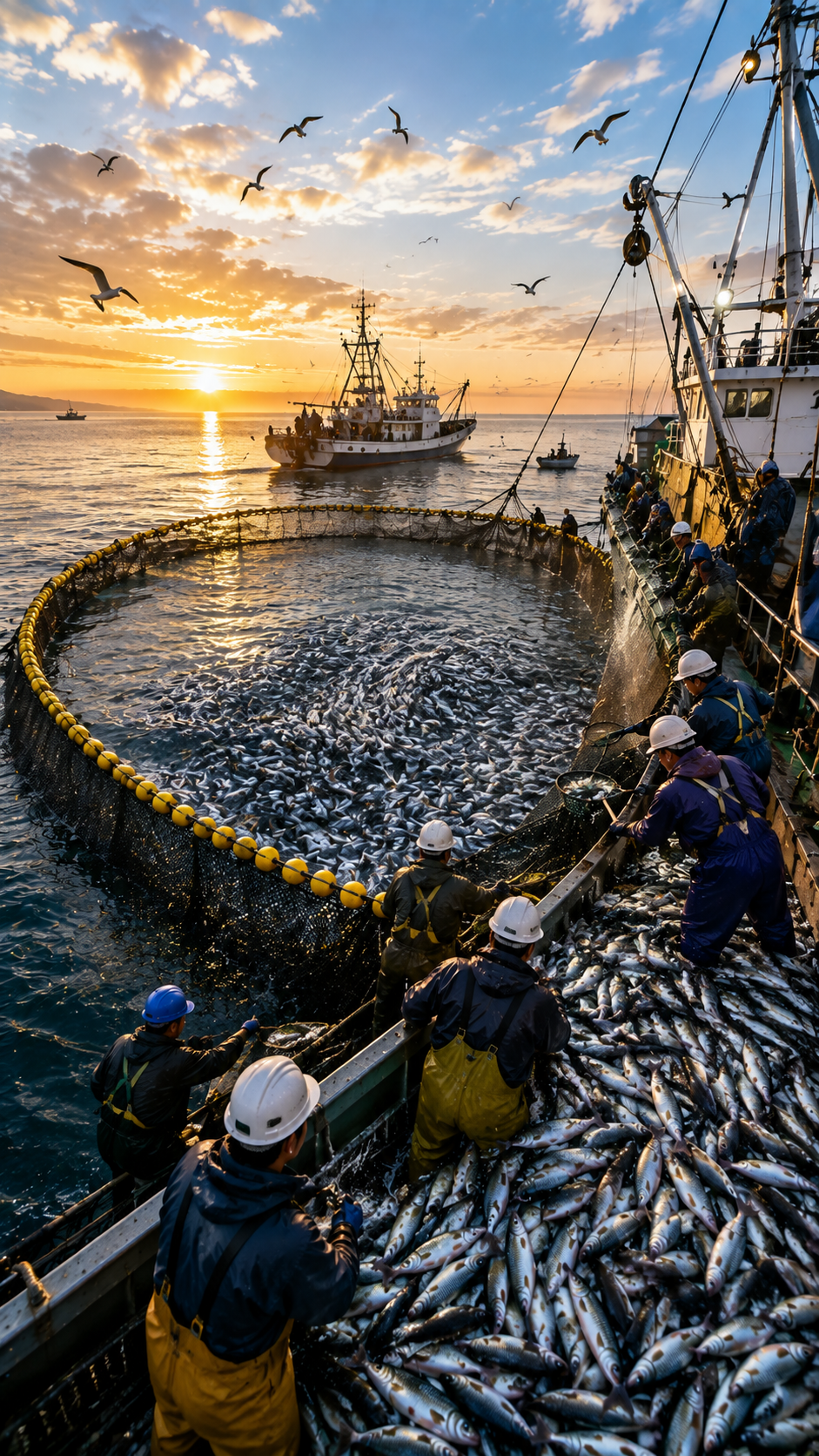 朝の海で巨大な巻き網を使って魚群を囲み大量の魚を水揚げする巻き網漁の風景