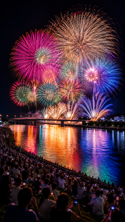 名取川の水面に映る色鮮やかな大輪の花火が夜空を彩るなとり夏まつり花火大会の風景