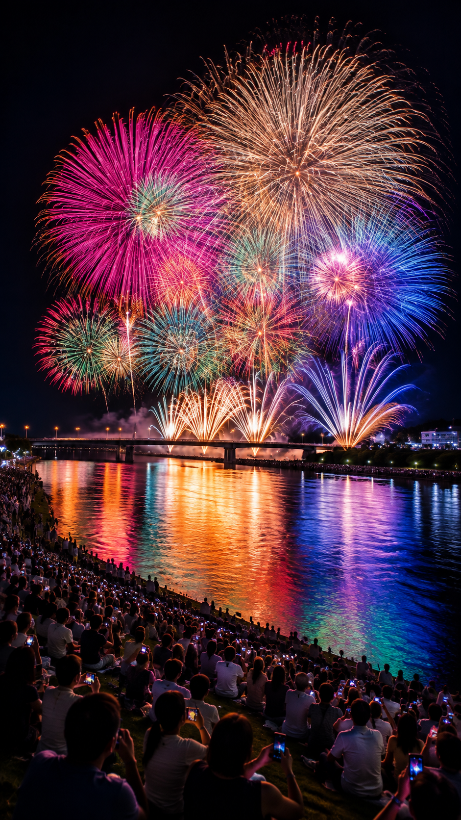 名取川の水面に映る色鮮やかな大輪の花火が夜空を彩るなとり夏まつり花火大会の風景