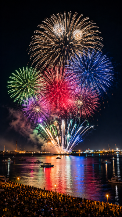 木更津港の夜空に色鮮やかな大輪の花火が打ち上がり中の島大橋と東京湾の海面を美しく照らす木更津港まつり花火大会の風景