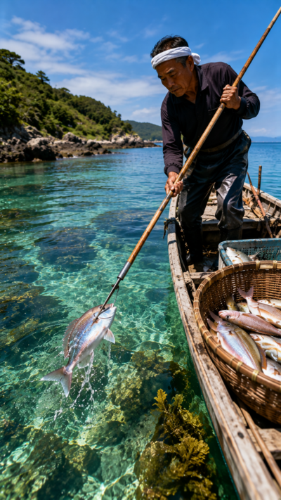 透明な海で突きん棒を使って魚を狙い水揚げする突きん棒漁の風景