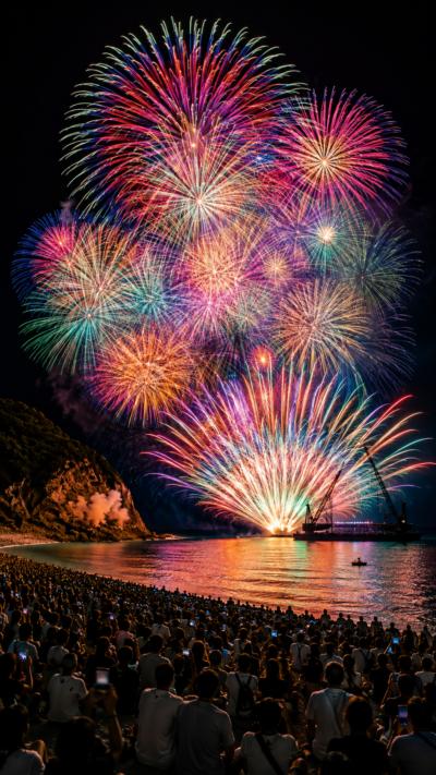 三重県熊野大花火大会で鬼ヶ城を背景に海上自爆と大迫力の花火が夜空と海を彩る風景