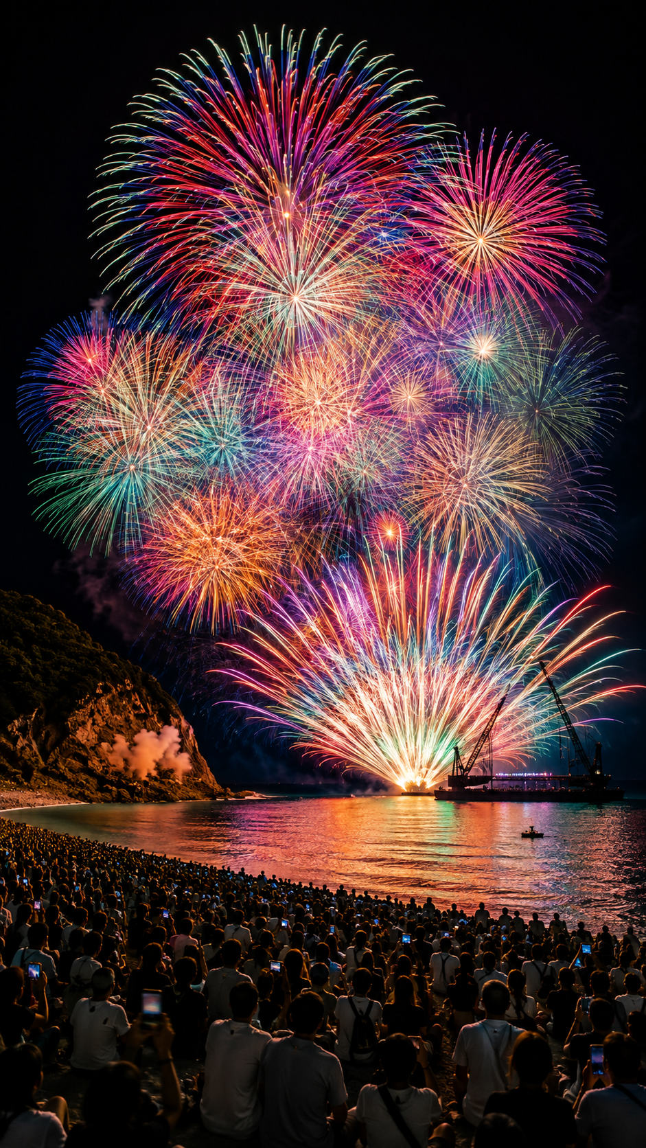 三重県熊野大花火大会で鬼ヶ城を背景に海上自爆と大迫力の花火が夜空と海を彩る風景