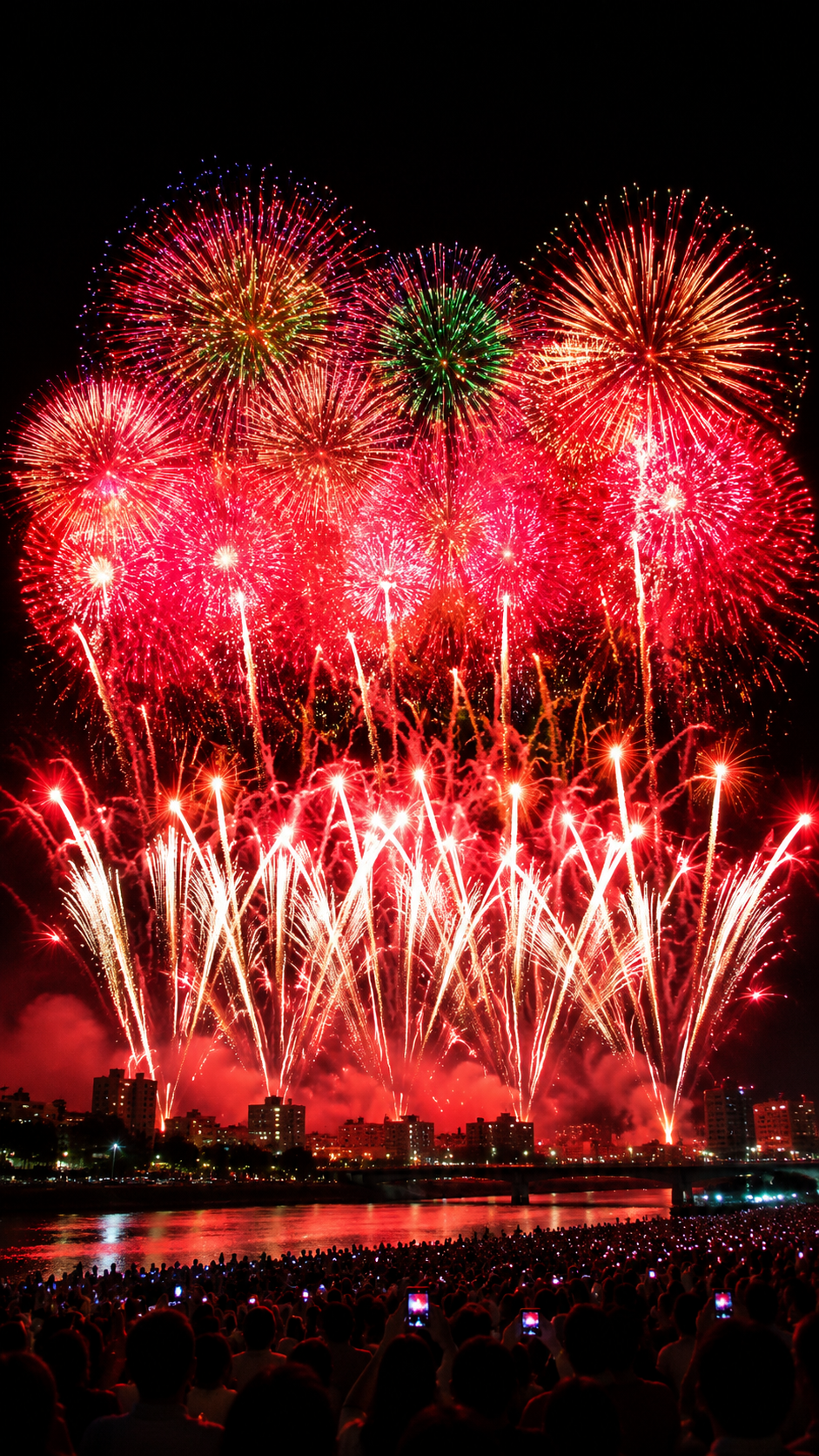 群馬県高崎市の高崎まつり大花火大会で、夏の夜空いっぱいに金色や赤、白の巨大な花火が連続して打ち上がり、観客のシルエットの頭上を鮮やかな大輪が埋め尽くす迫力ある光景