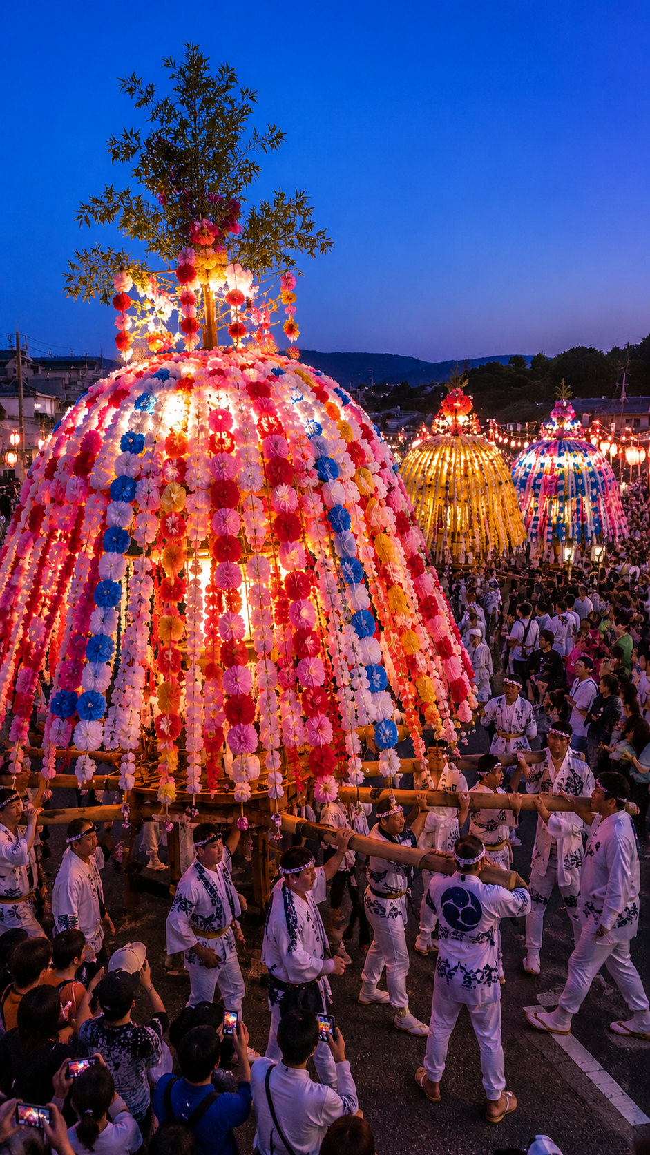 大分県中津市の鶴市花傘鉾祭で色鮮やかな花飾りを施した大きな花傘鉾が祭り装束の人々とともに夏の街を練り歩き、沿道に多くの観客が集まる華やかな祭りの光景