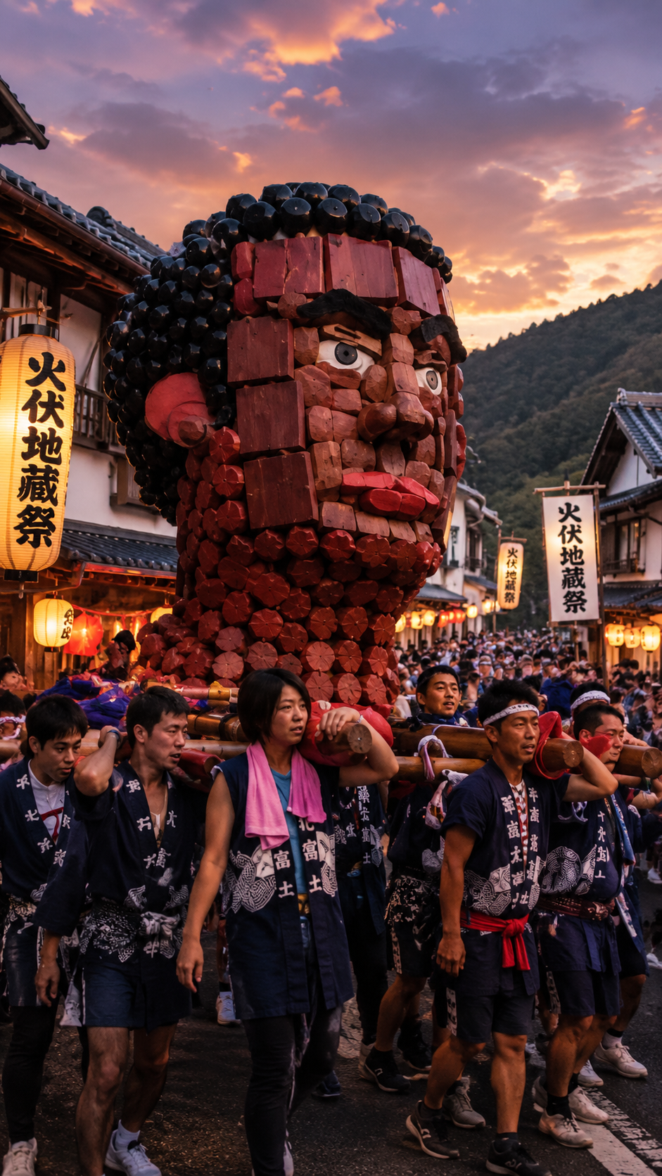 熊本県山都町の火伏地蔵祭で、夜の馬見原の歴史ある町並みを大勢の祭り参加者が勇壮な神輿を担いで進み、暖かな提灯の光が祭り装束の人々を照らす夏祭りの光景