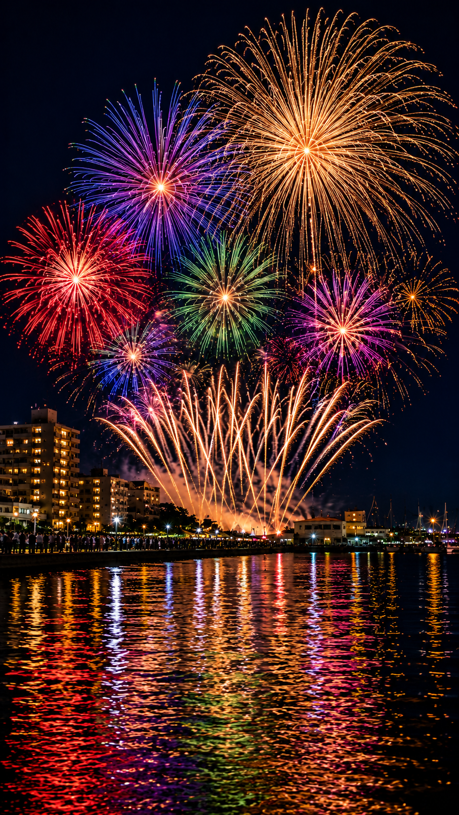 茨城県神栖市のきらっせ祭りで、波崎の夏の夜空に大きな色鮮やかな花火が開き、暗い水面に青紫色や金色の花火の光が鮮やかに映り込む夏祭りの風景