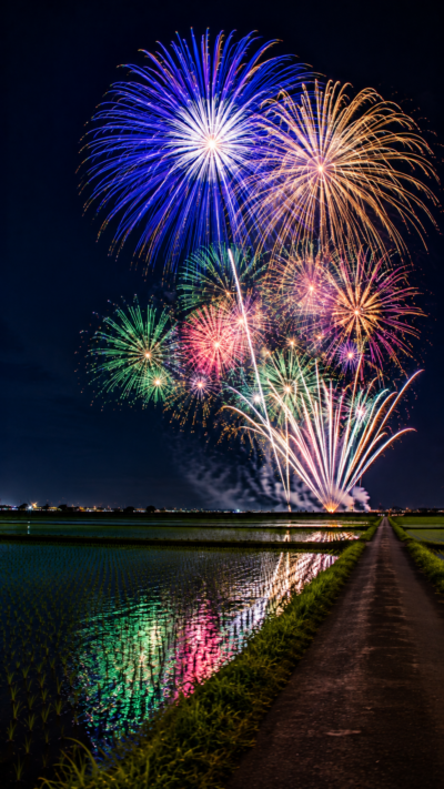 茨城県稲敷市の夏の田園風景の向こうで青白色や緑、金色の大輪とスターマインが夜空に広がり、水田に色鮮やかな花火の光が映り込むいなしき夏まつり花火大会の光景