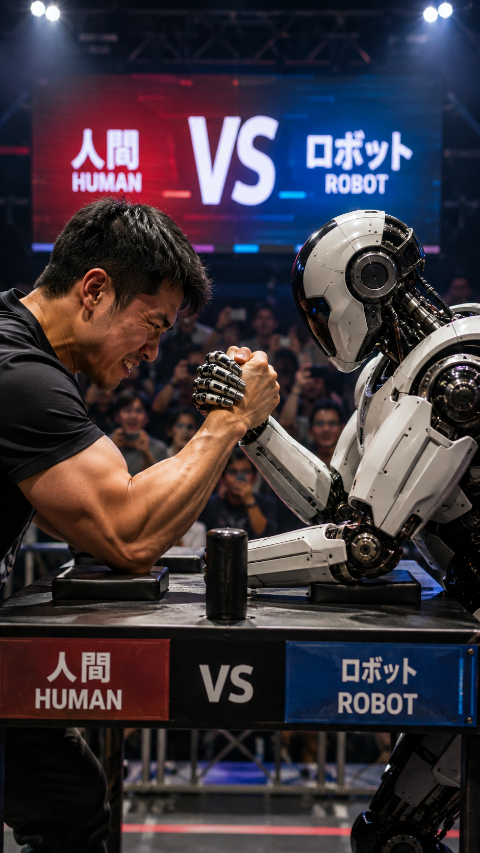 テーブルを挟んで人間と人型ロボットが腕相撲で力を競い合う未来型ロボット競技の風景