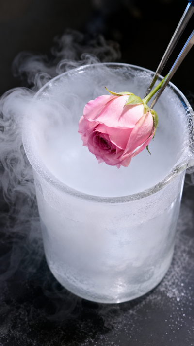 −196℃の液体窒素に花を入れて急速に凍結させ、花びらがパリッと割れる極低温実験の風景