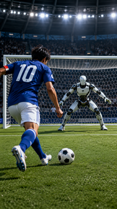 サッカー場で人間の選手がロボットのゴールキーパーに向かってPKを蹴る人間VSロボットの対決風景