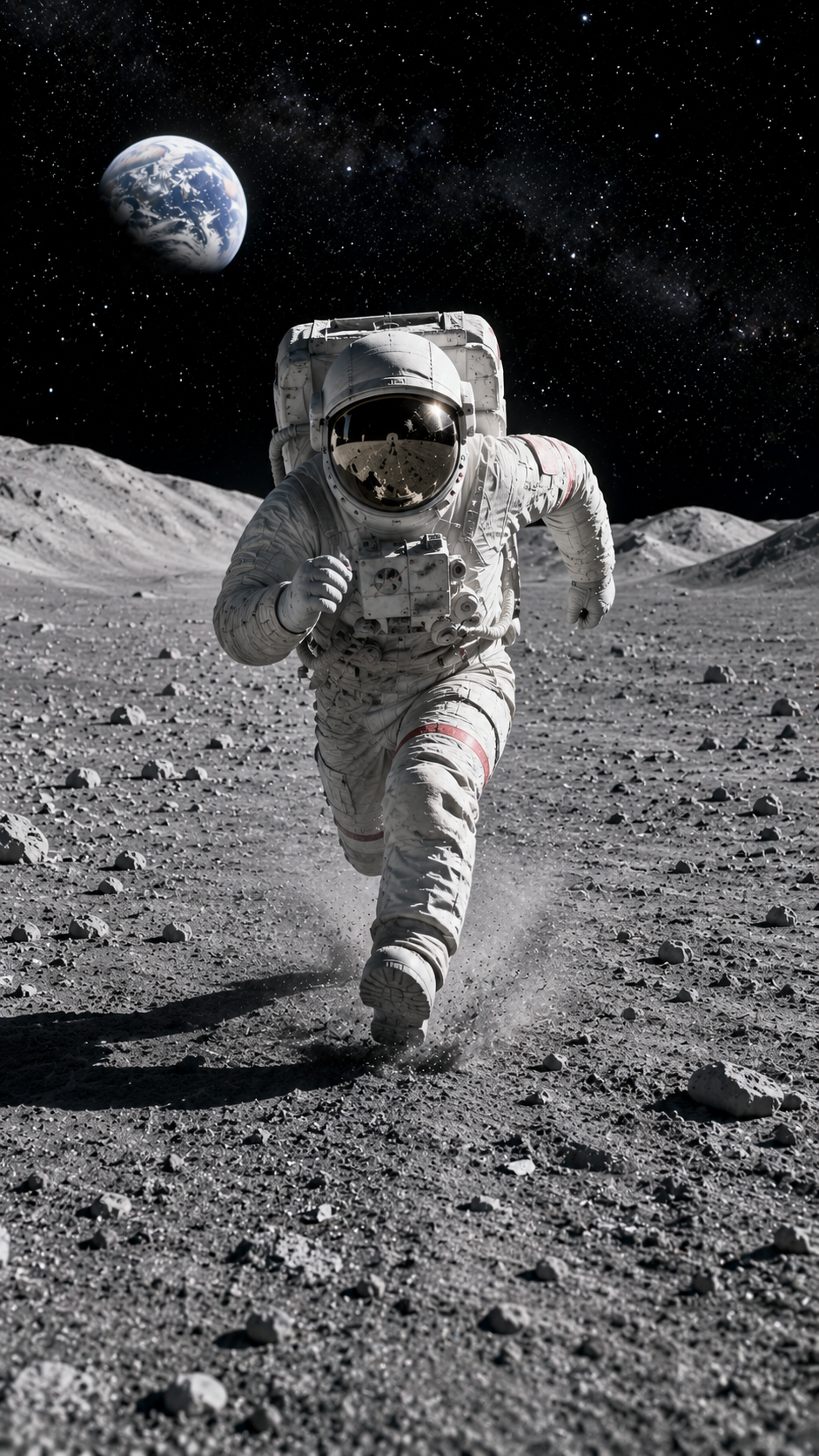 月面の広大な砂地を宇宙服を着た人間が跳ねるように走り100m走に挑戦する未来のスポーツ風景