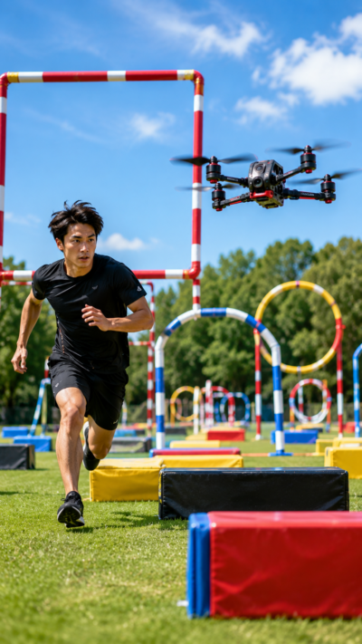 障害物が設置されたコースを人間と高速飛行するドローンが競走する未来型スポーツの風景