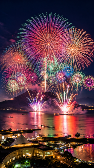 桜島と錦江湾を背景に色鮮やかな大輪の花火が次々と打ち上がるかごしま錦江湾サマーナイト大花火大会の風景