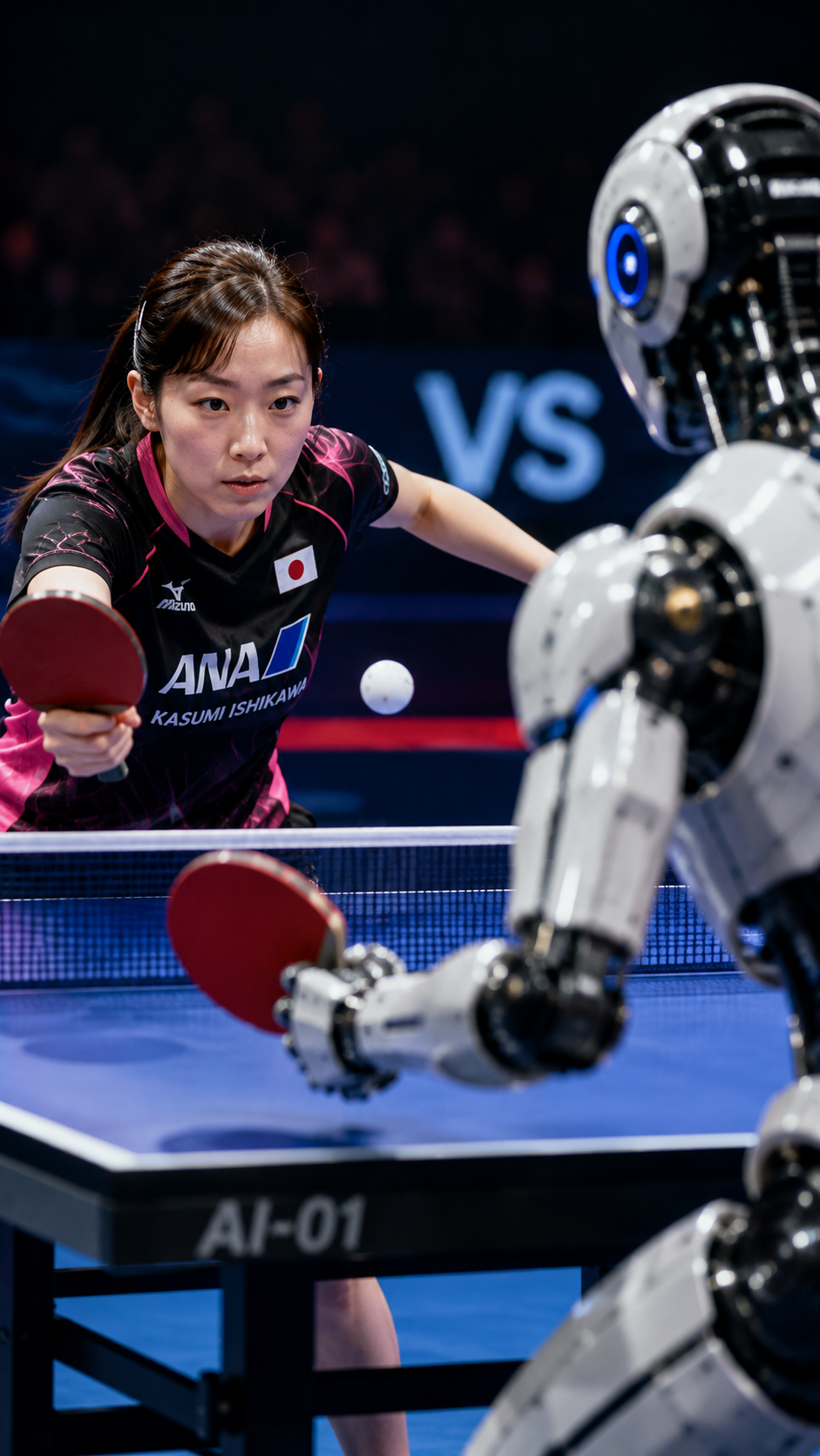 卓球台を挟んで人間の卓球選手と高性能な人型ロボットが高速ラリーを繰り広げる未来型スポーツの風景
