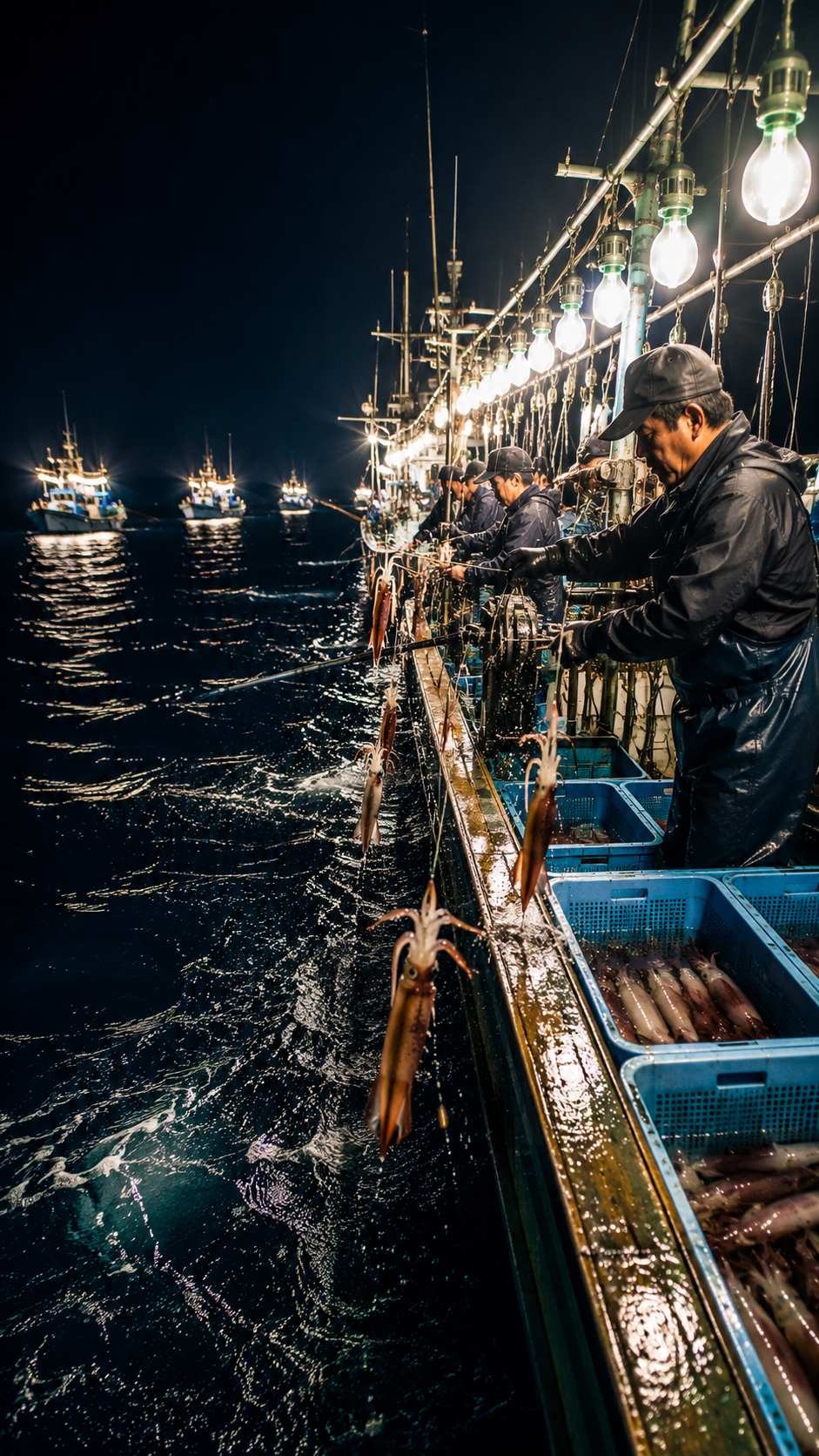 漁火に照らされた夜の海でイカを釣り上げるイカ釣り漁船の風景