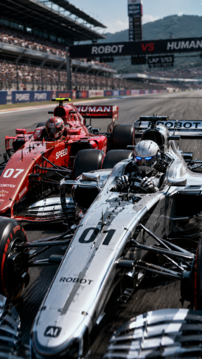 F1サーキットで人間ドライバーとAIロボットドライバーがレーシングカーで激しく競い合う未来型レースの風景