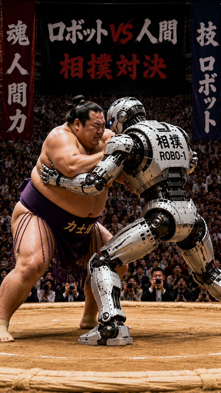 土俵の中央で人間力士と高性能な人型ロボットが激しくぶつかり合うロボットVS人間相撲の風景