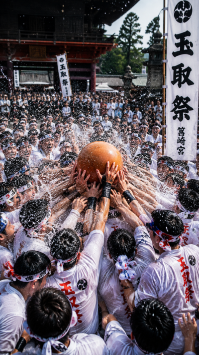 筥崎宮の玉取祭で大勢の競り子が木製の玉を激しく奪い合う勇壮な神事の光景