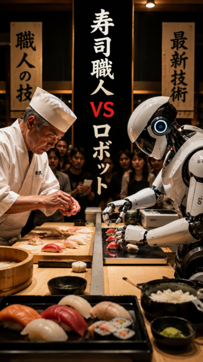寿司カウンターで熟練した寿司職人と寿司ロボットが握り寿司の技術を競い合う未来型の対決