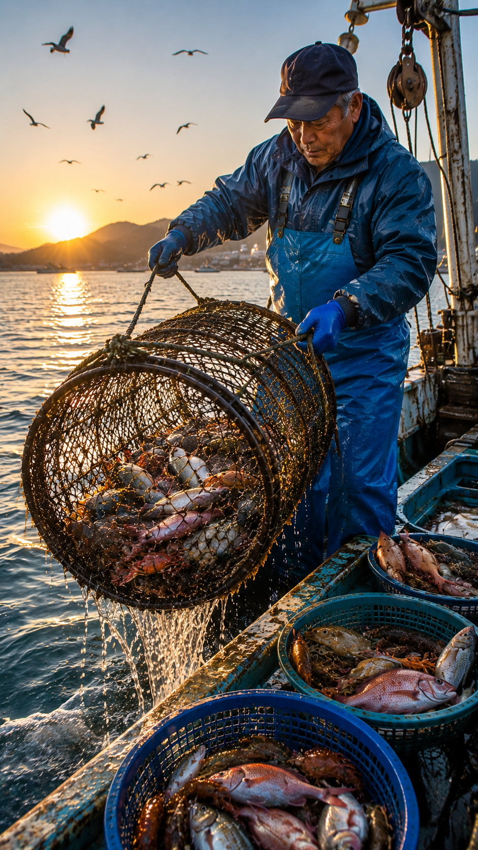 夜明けの海で魚かごを引き上げ新鮮な魚を水揚げする魚かご漁の風景