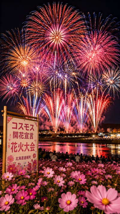 コスモス開花宣言花火大会｜約6000発が秋の訪れを告げる北海道遠軽町の花火大会｜AI映像と音声ガイドあり